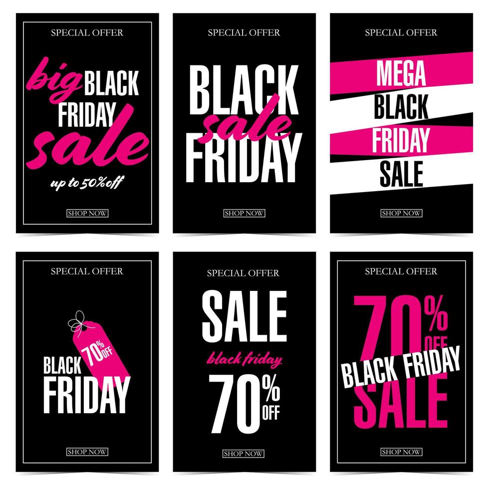 grandi banner di vendita del black friday, poster, coupon per offerte speciali, volantini con sconti e opuscoli di sconti adatti per post sui social media, pagine Web e telefoni cellulari. illustrazione vettoriale in stile piatto.