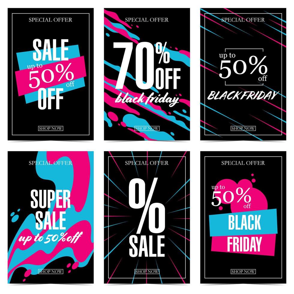 banner e poster di vendita e sconto per il black friday, i grandi saldi e la stagione dello shopping. illustrazione vettoriale che indica la percentuale di sconto, il prezzo dell'offerta speciale nei colori nero-bianco, rosa e blu.