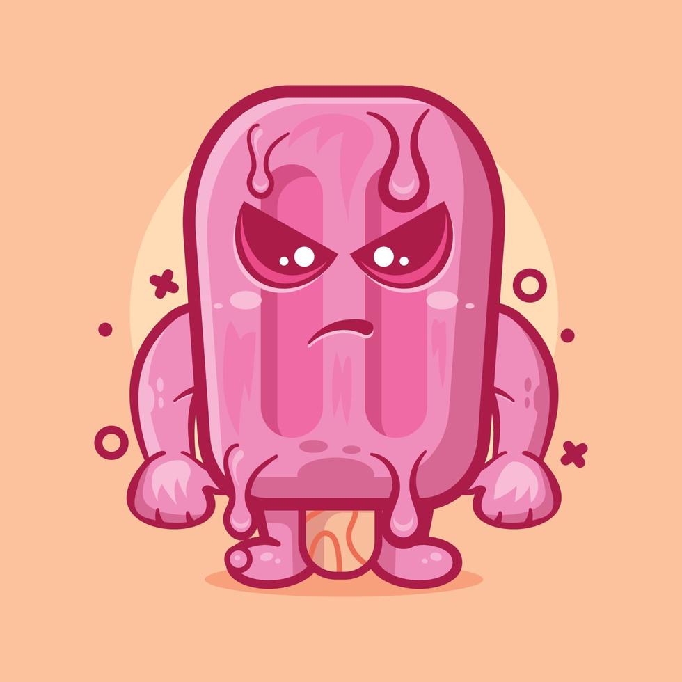 simpatico personaggio mascotte gelato rosa ghiacciolo con espressione arrabbiata cartone animato isolato in design piatto vettore