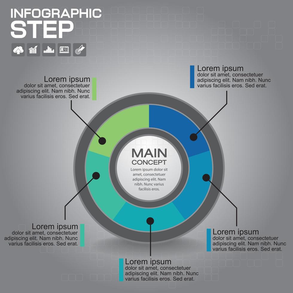 il modello di progettazione infografica può essere utilizzato per il layout del flusso di lavoro, il diagramma, le opzioni numeriche, il web design. concetto di business infografica con 5 opzioni, parti, passaggi o processi. vettore