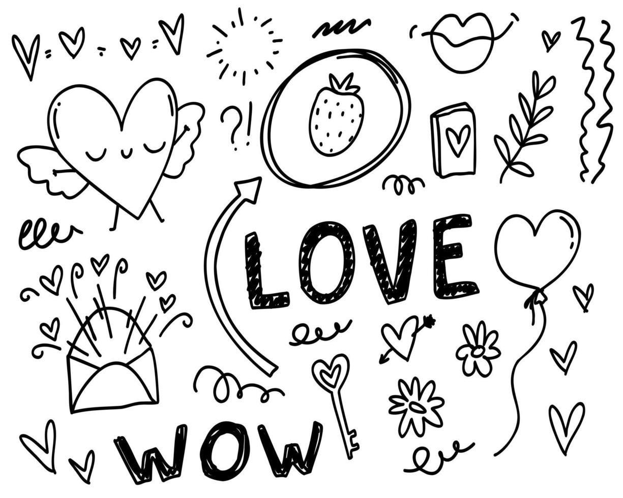 carino doodle set scribble illustrazione vettoriale cuori decorativi, collezione isolata disegnata a mano di san valentino.