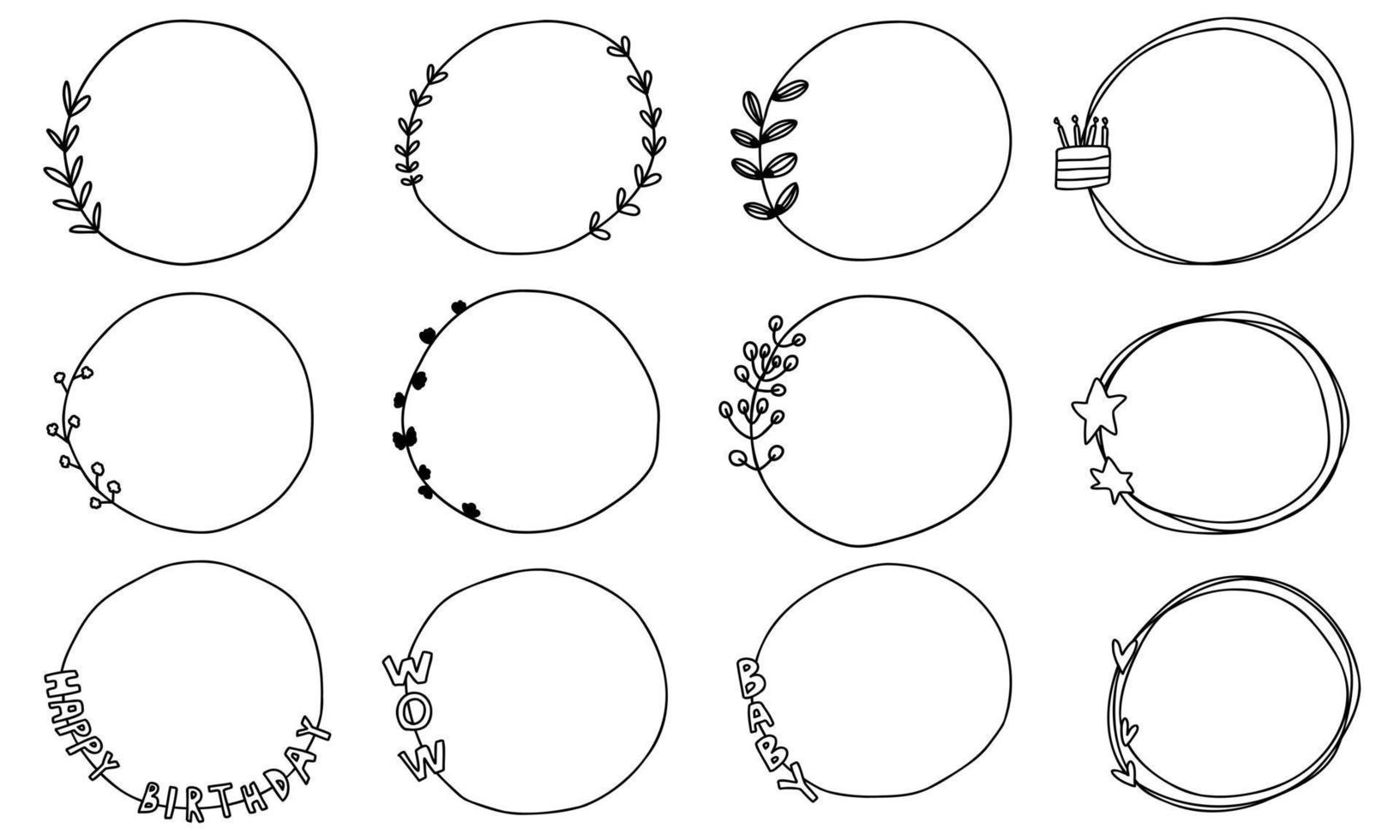 doodle astratto cornici isolate grande set disegnato a mano. simpatiche linee rotonde con foglie. per matrimonio, San Valentino, pianta, collezione di buon compleanno per bambini. vettore