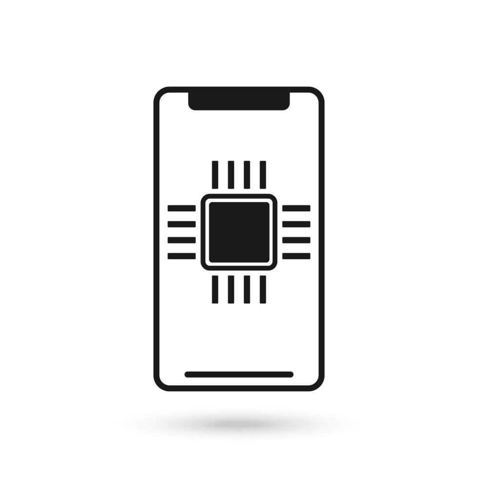 icona del design piatto del telefono cellulare con segno di chip cpu o gpu. vettore