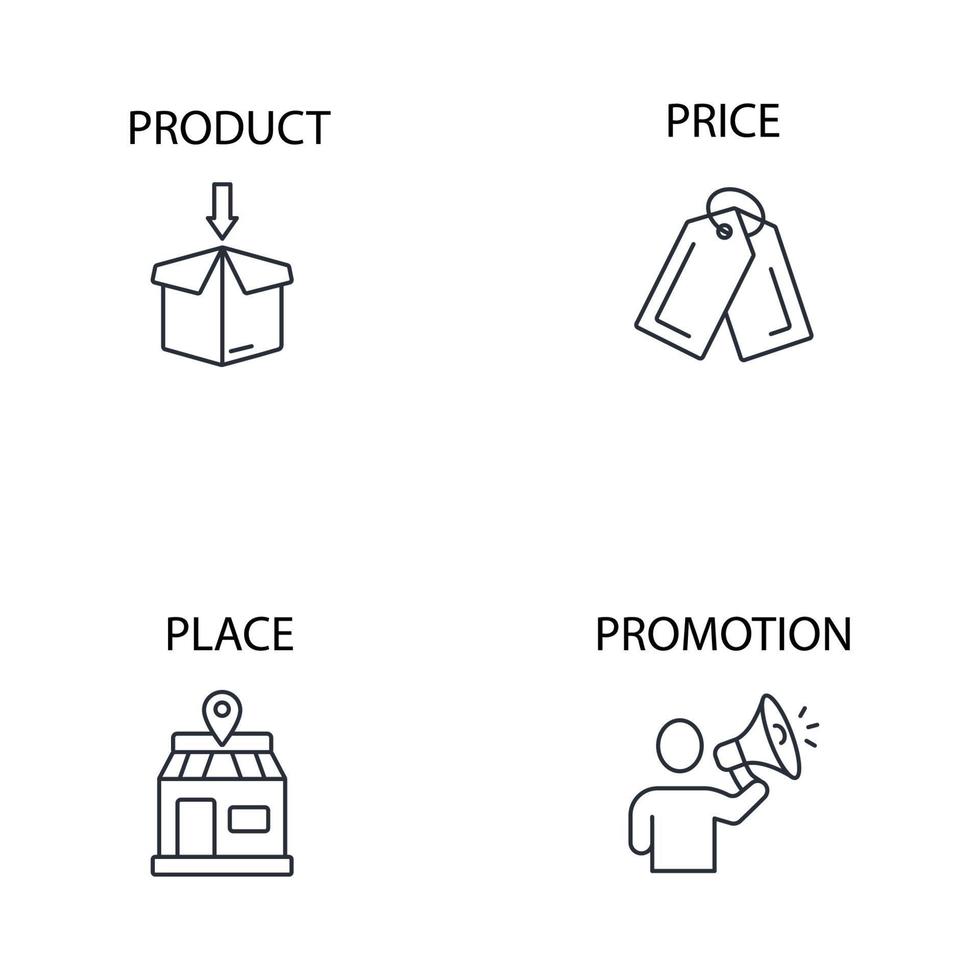 4p set di icone del modello di marketing mix. 4p marketing mix modello pack simbolo elementi vettoriali per infografica web