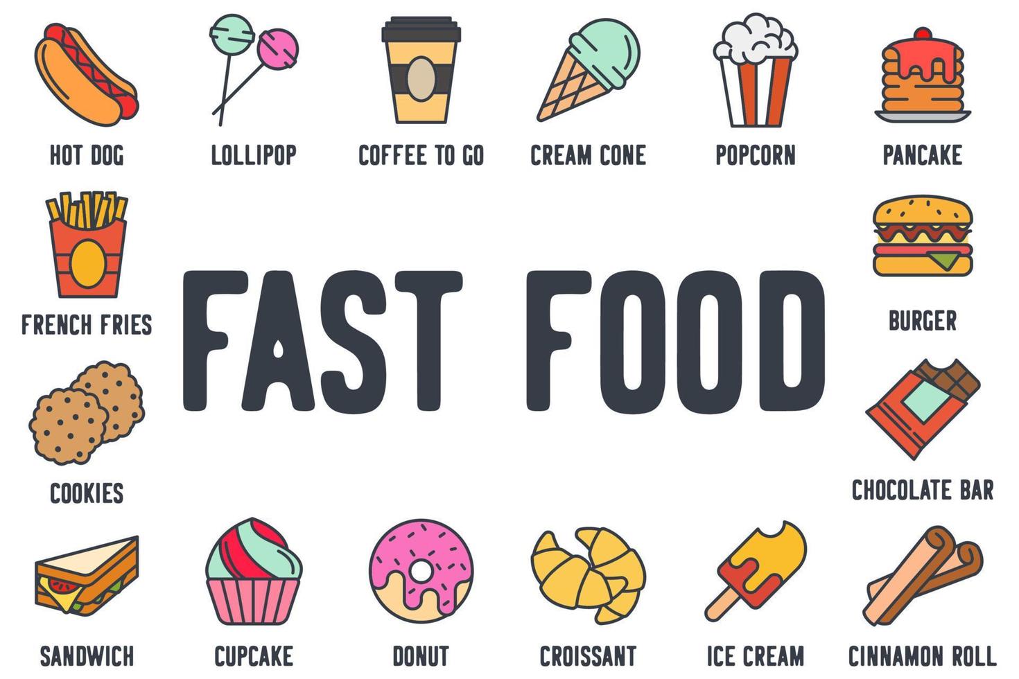 fast food elementi set icona simbolo modello per grafica e web design raccolta logo illustrazione vettoriale