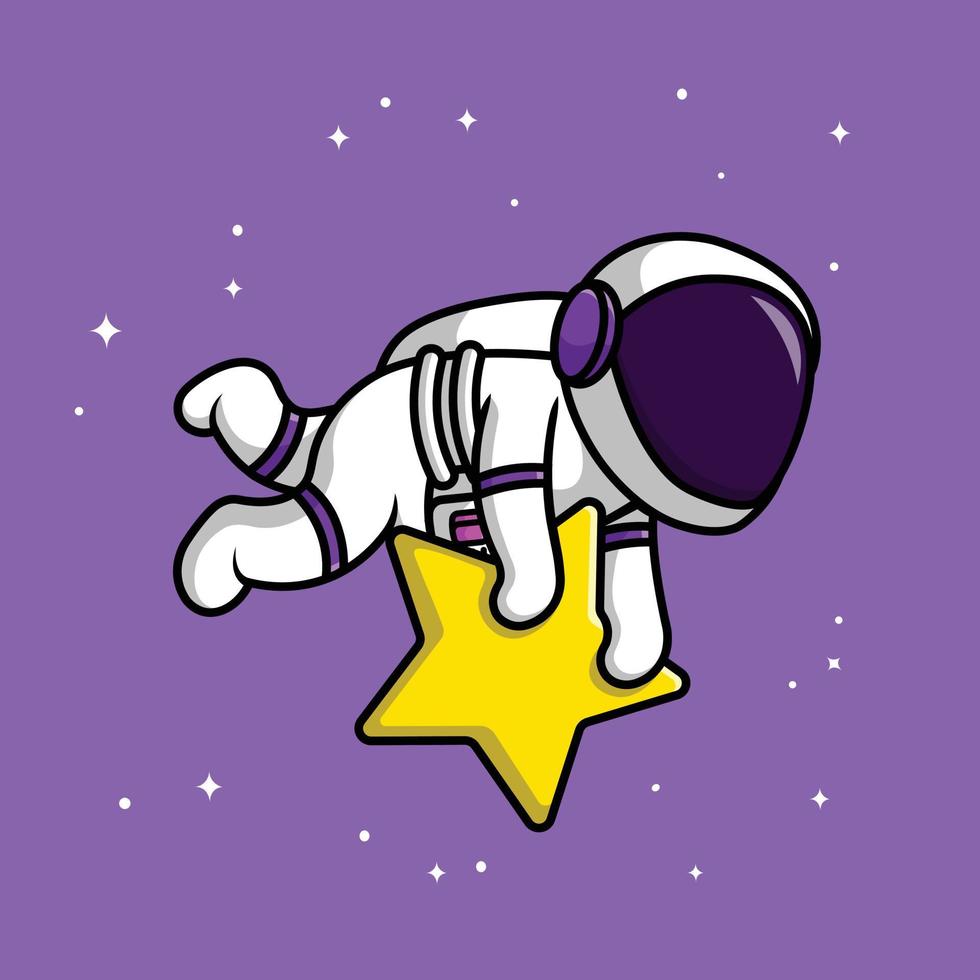 simpatico astronauta che galleggia nello spazio con l'illustrazione dell'icona di vettore del fumetto della stella della holding. scienza tecnologia icona concetto isolato premium vettore.