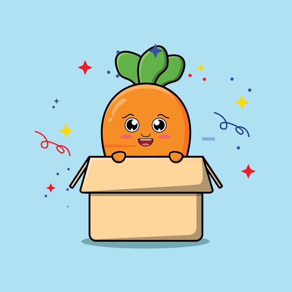 personaggio di carota simpatico cartone animato che esce dalla scatola vettore