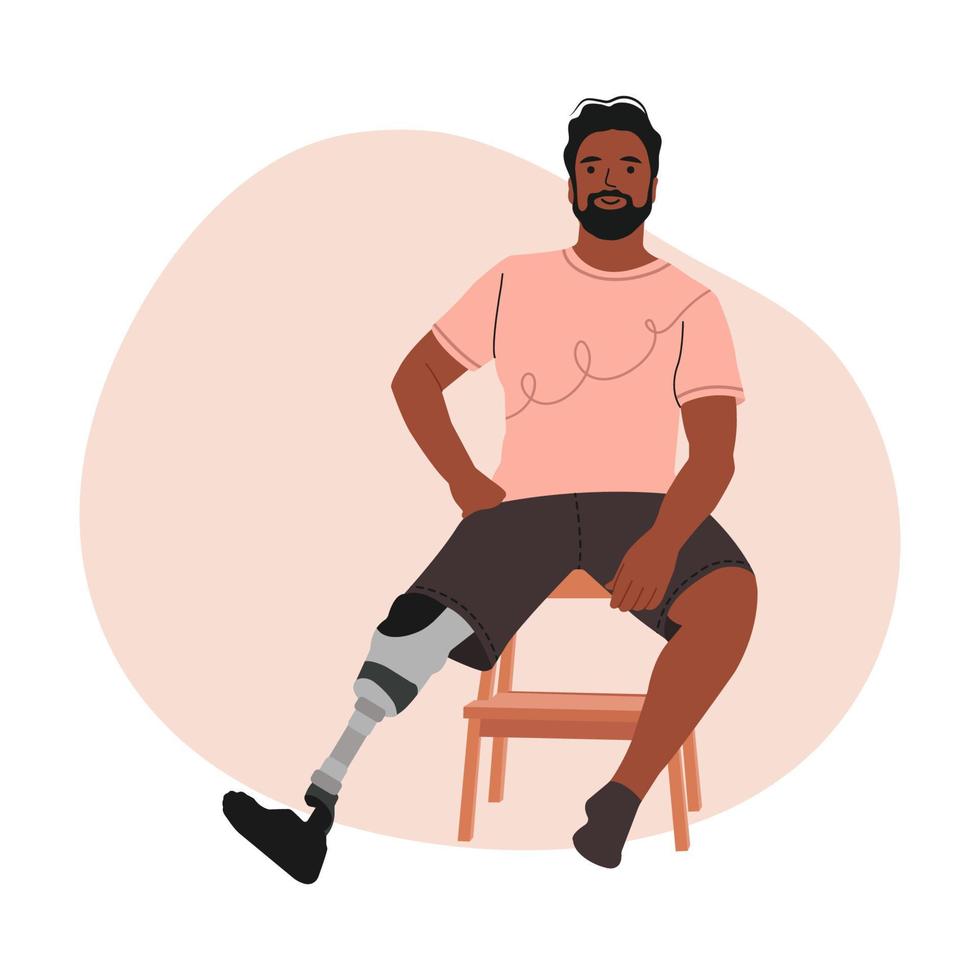 maschio carino con una gamba protesica. gamba bionica, arto protesico. disabili, protesi, amputazioni, inclusione. illustrazione vettoriale isolato.
