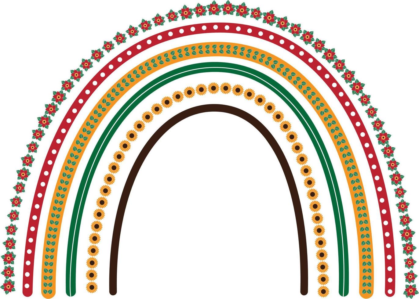 moderno arcobaleno di fiori boho, arcobaleno di fiori astratti con fiori rossi, girasoli, foglie, linee e punti. vettore