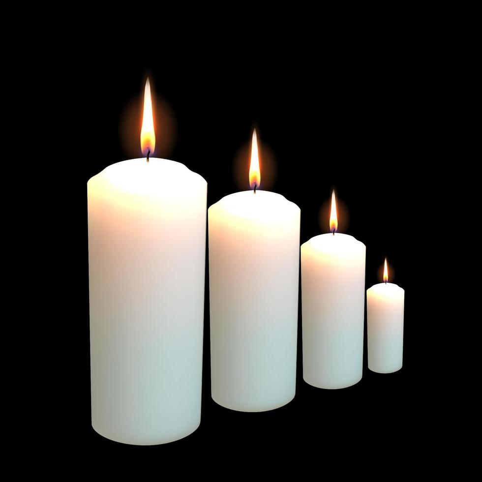 set di candele di forma rotonda in cera realistica di diverse dimensioni isolate su sfondo nero. insieme di raccolta di candele vettoriali