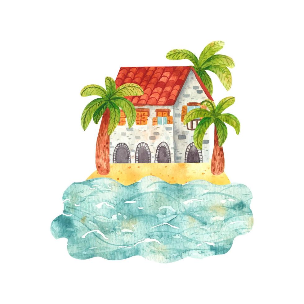 case dell'acquerello del fumetto disegnato a mano accogliente della città sulla spiaggia sabbiosa. edifici e un castello con una torre e un orologio sulla riva. illustrazione di paesaggio, natura, vacanze estive vettore