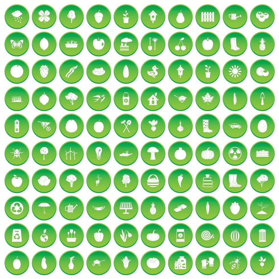 100 icone del giardino hanno impostato il cerchio verde vettore