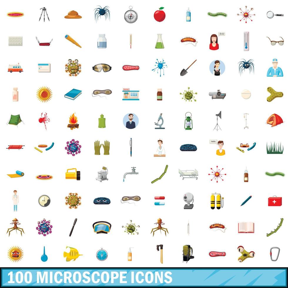 100 set di icone del microscopio, stile cartone animato vettore