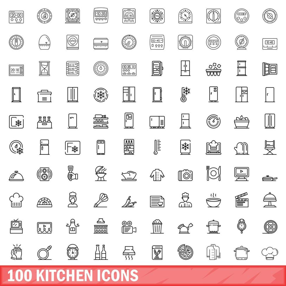 100 icone da cucina impostate, stile contorno vettore