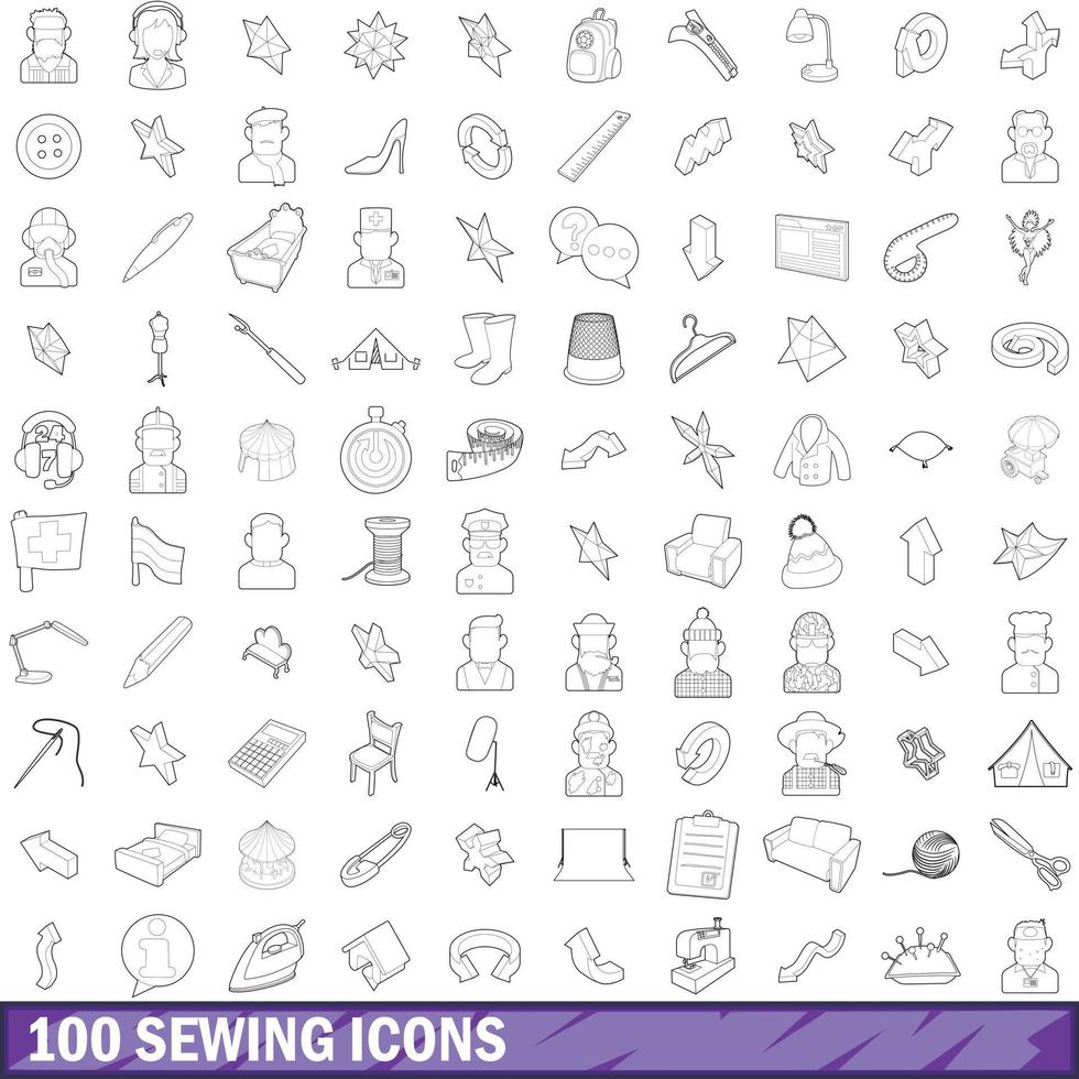 100 icone di cucito impostate, stile contorno vettore