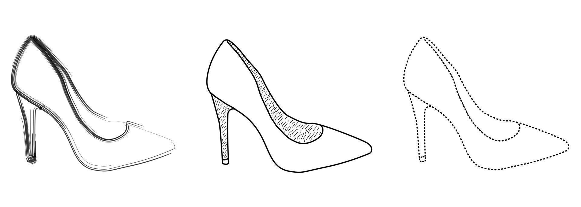 disegno schizzo sagoma sagoma di scarpe da donna alla moda. stile della linea e pennellate vettore