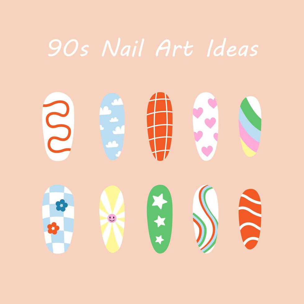 Idee nail art anni '90 manicure. set manicure colorato brillante vettore