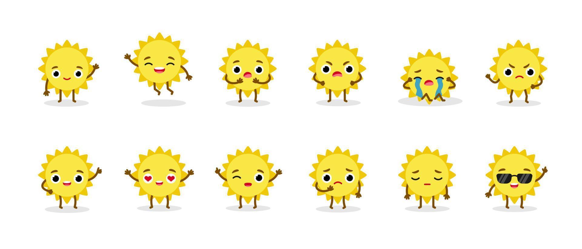 impostare i personaggi emoji del sole estivo. pianeta mascotte con facce e mani vettore
