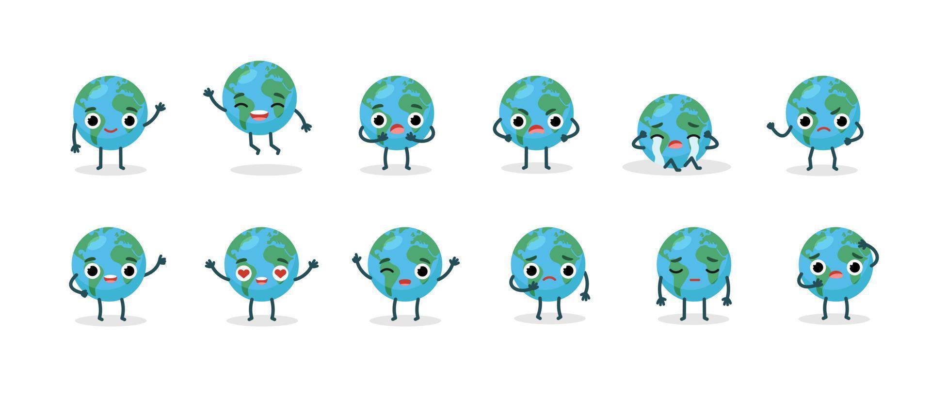 impostare personaggi emotivo pianeta terra. concetto di giorno dell'ambiente felice. ecologico, salva il concetto di ecologia. mappa del mondo globo faccia emoji vettore