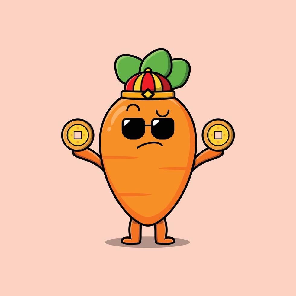 simpatico cartone animato carota personaggio cinese che tiene moneta vettore