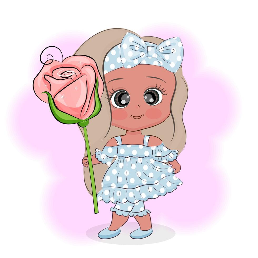 bambina cartone animato con una rosa, stampa tessile, t-shirt, cartolina, imballaggio, interior design, illustrazione vettoriale