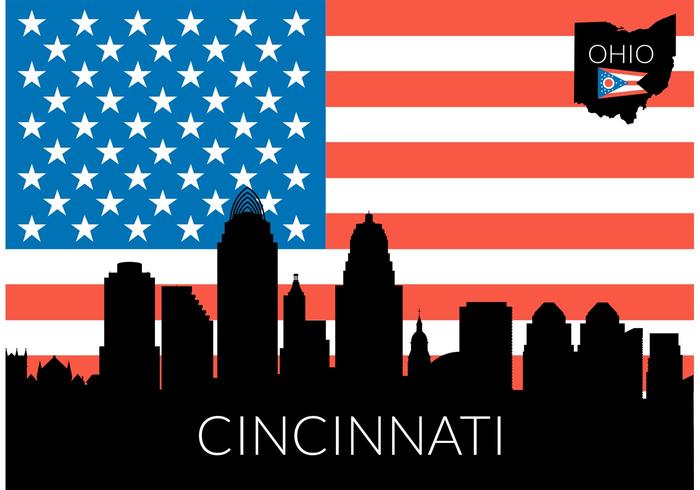 Skyline di Cincinnati con il vettore di bandiera USA