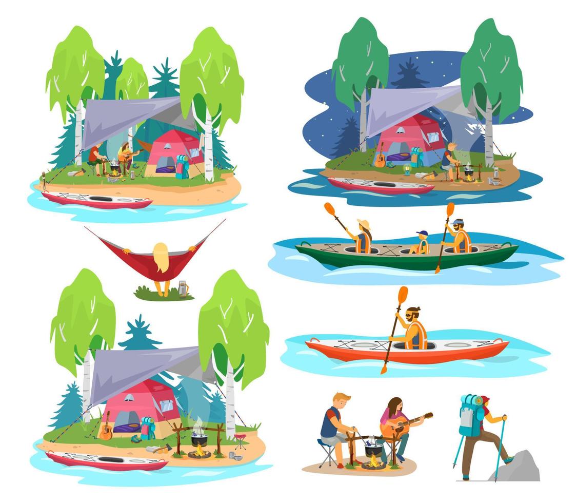scene di campeggio estivo in stile cartone animato piatto. kayak di famiglia, coppia vicino al fuoco del campo che cucina zuppa e suona la chitarra, uomo che fa escursioni, donna che riposa sull'amaca. campo notturno. vettore