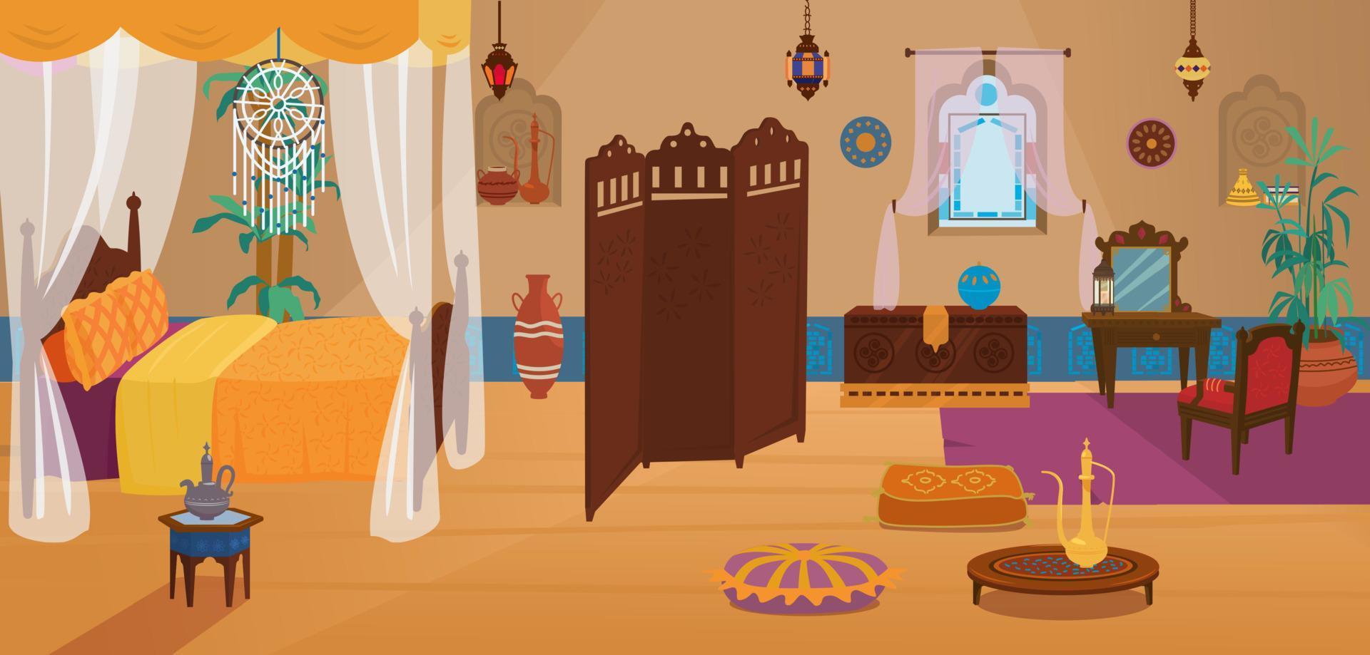 camera da letto tradizionale mediorientale con mobili e elementi decorativi. vettore del fumetto.