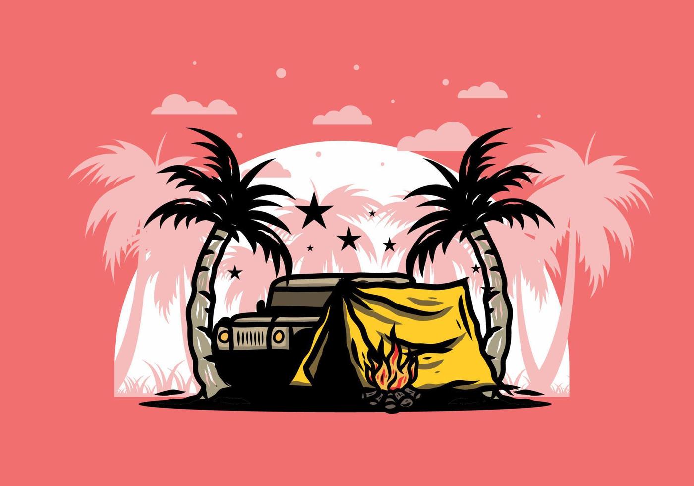 tenda da campeggio davanti all'auto tra l'illustrazione dell'albero di cocco vettore