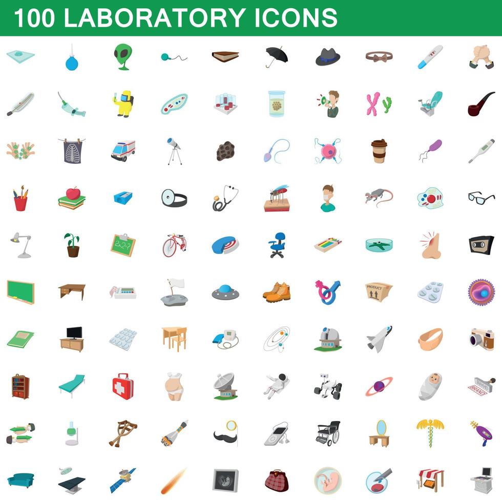 100 set di icone di laboratorio, stile cartone animato vettore