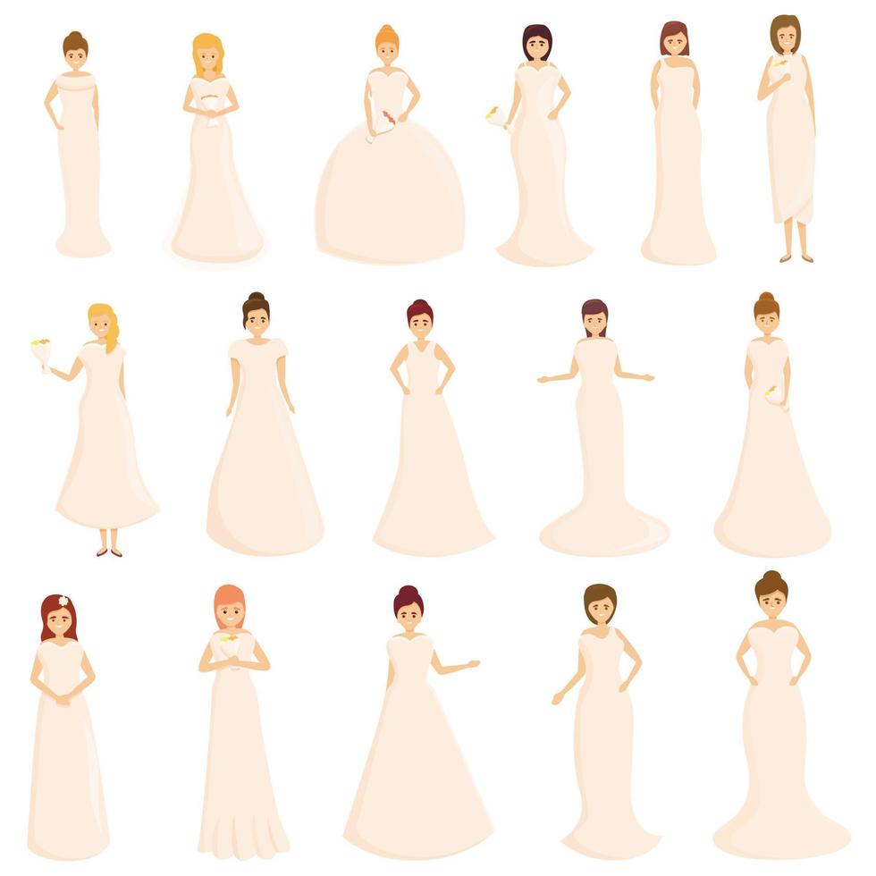 abito da sposa set di icone, stile cartone animato vettore