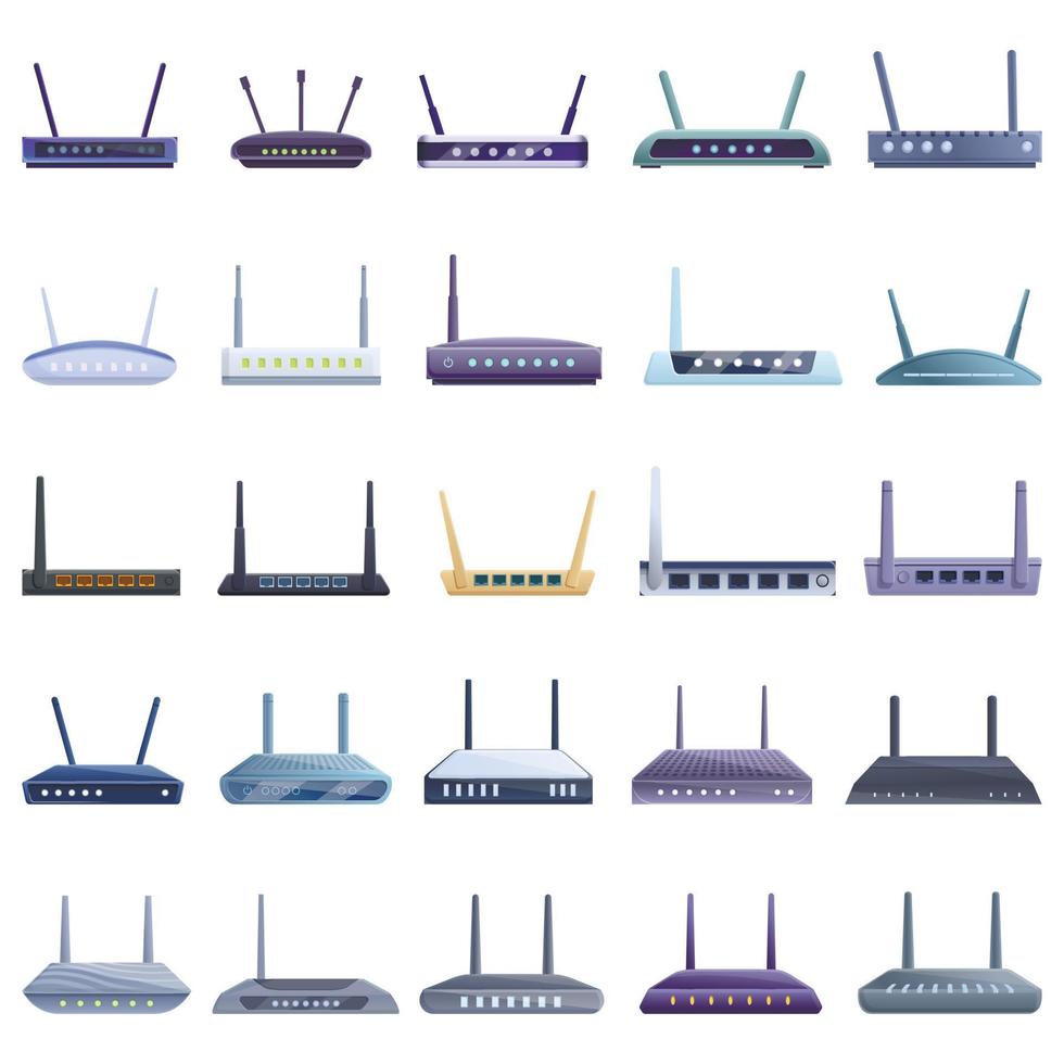 set di icone modem, stile cartone animato vettore