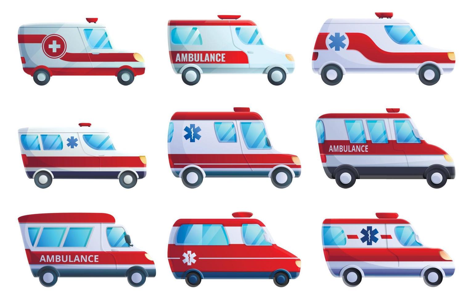 ambulanza set di icone, stile cartone animato vettore