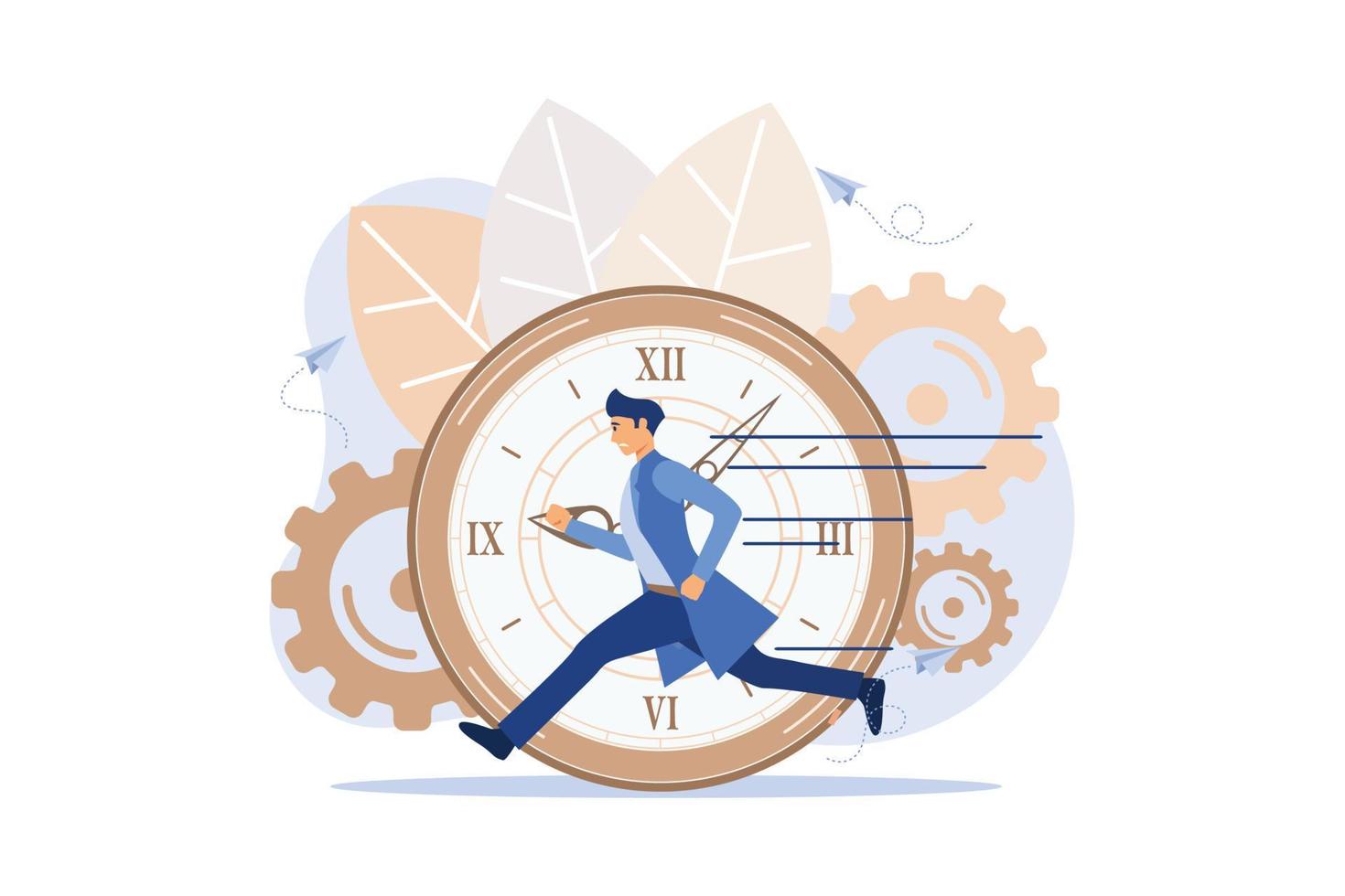 concetto di gestione del tempo di lavoro, risposta rapida, le persone si affrettano a fare tutto al lavoro, il tempo sta finendo, riavvolgere il tempo. illustrazione moderna design piatto vettore