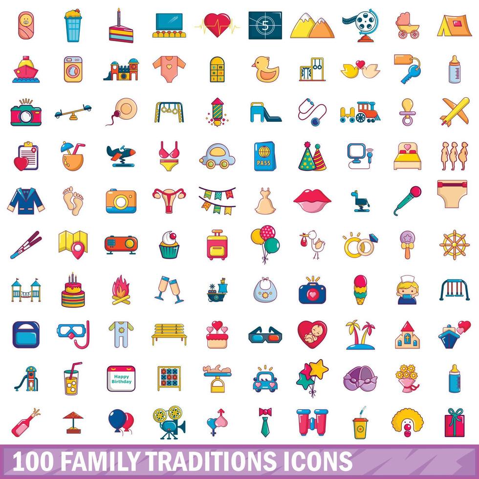 100 icone di tradizioni familiari impostate, stile cartone animato vettore