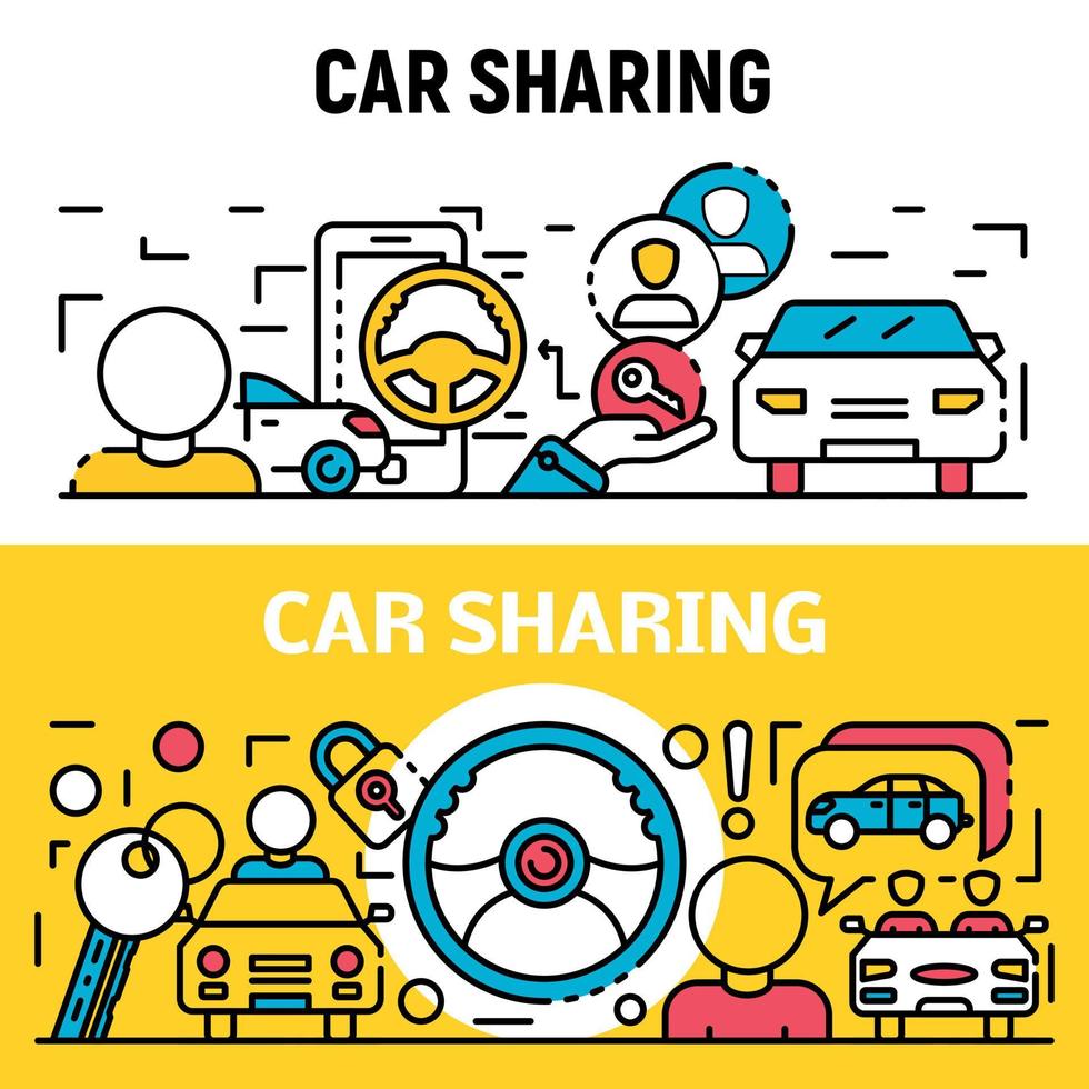 set di banner per il car sharing di persone, stile contorno vettore