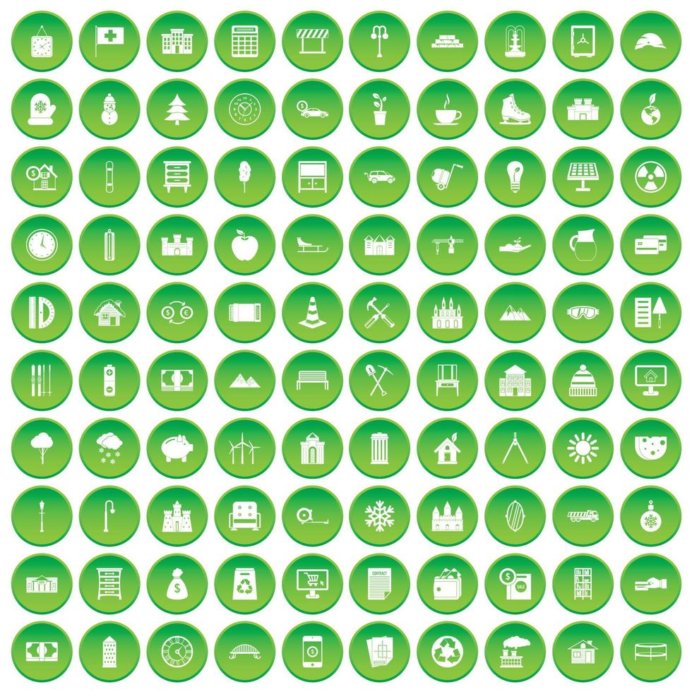 100 icone video impostano un cerchio verde vettore