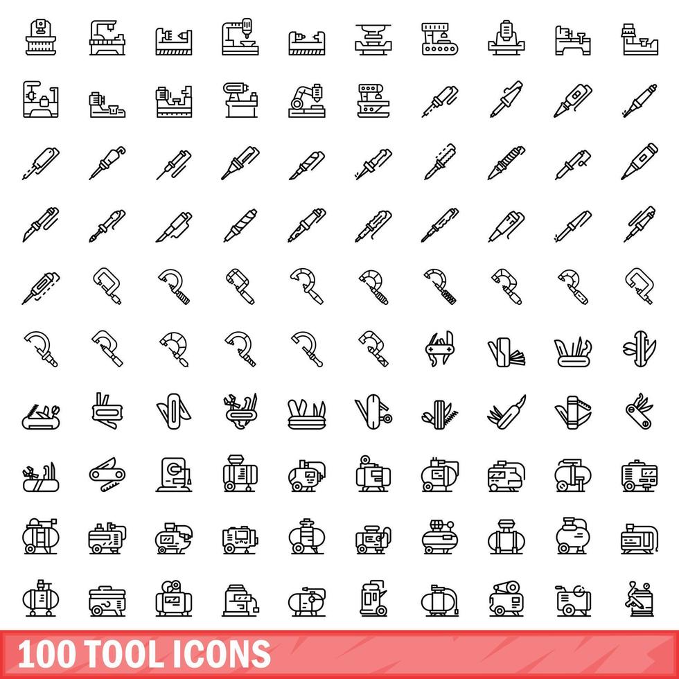 100 icone degli strumenti impostate, stile contorno vettore