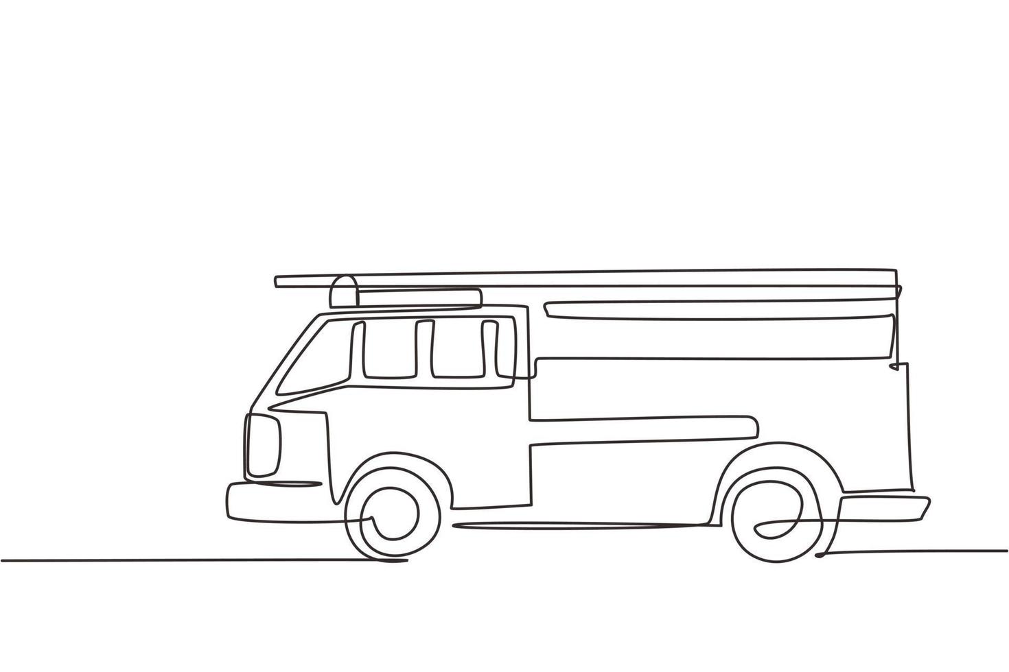 logo dell'icona del motore dei pompieri con disegno a una linea continua. vista laterale dell'automobile del camion dei pompieri. auto in design piatto. concetto di camion dei pompieri giocattolo per bambini. illustrazione grafica vettoriale di disegno a linea singola