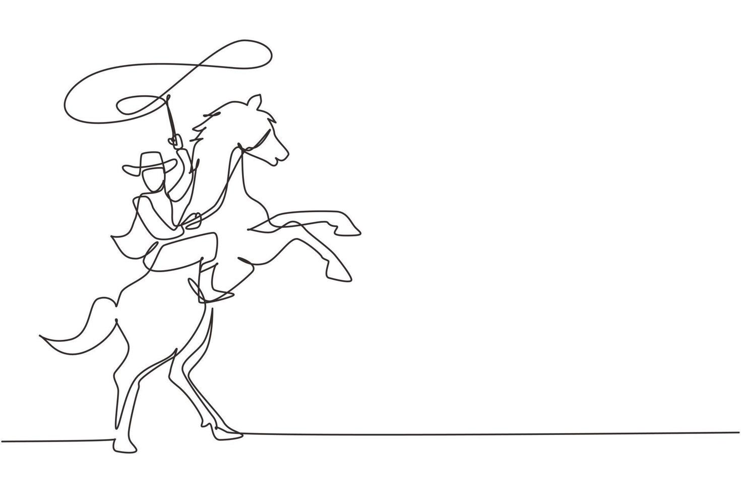 cowboy a una linea continua che lancia il lazo e si impenna a cavallo. cowboy americano a cavallo e lancio di lazo. cowboy con lazo di corda a cavallo. grafica vettoriale di disegno a linea singola