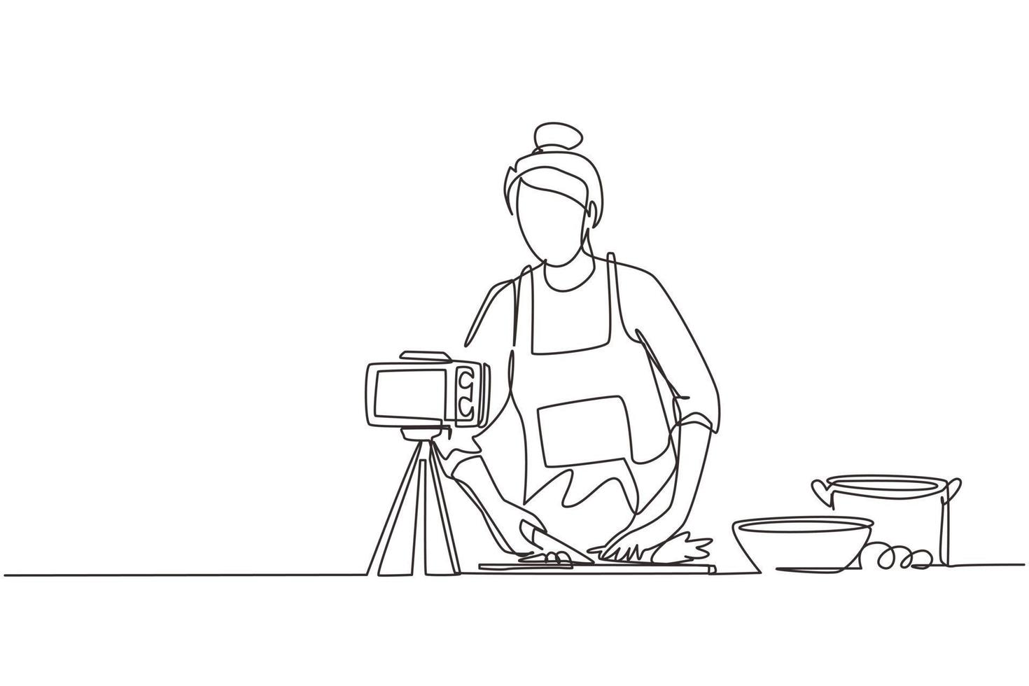 blogger di cibo con disegno a linea continua singola. chef che cucina, registra video utilizzando la fotocamera. canale online, streaming. la donna insegna a cucinare una nuova ricetta. spettacolo culinario. vettore di progettazione grafica di una linea