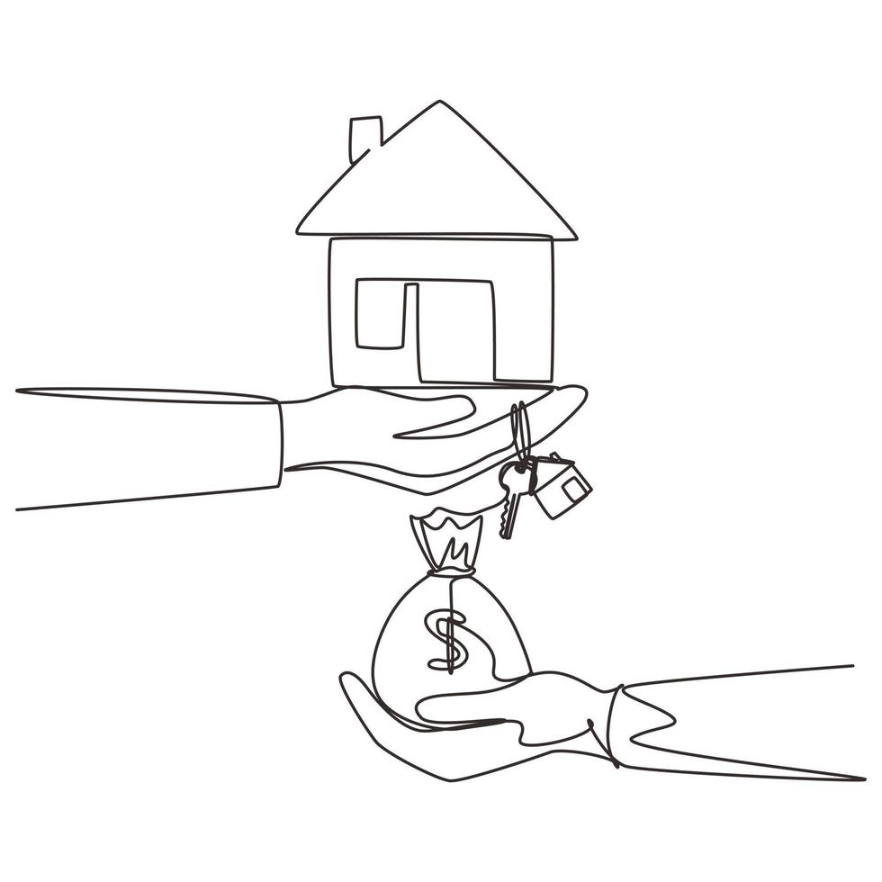 disegno a linea continua singola compravendita di case, rifinanzia le tue case, cambia la capitalizzazione dei beni. comprare una casa. concetto di vendita e acquisto. illustrazione vettoriale di un disegno grafico a una linea