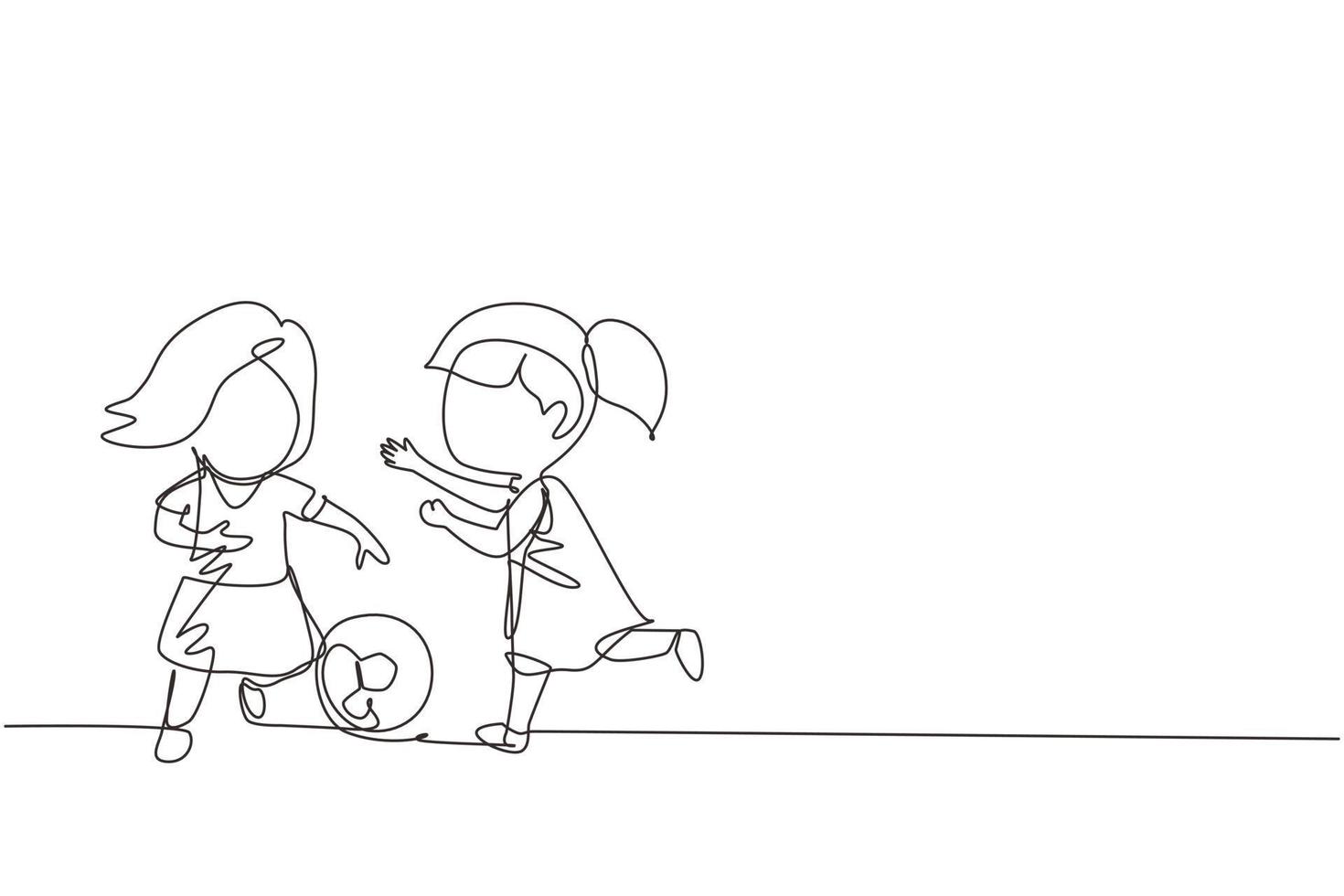 ragazze che disegnano una linea continua che giocano a calcio insieme. due bambini felici che giocano a sport al parco giochi. bambini sorridenti che calciano la palla a piedi tra di loro. grafica vettoriale a linea singola