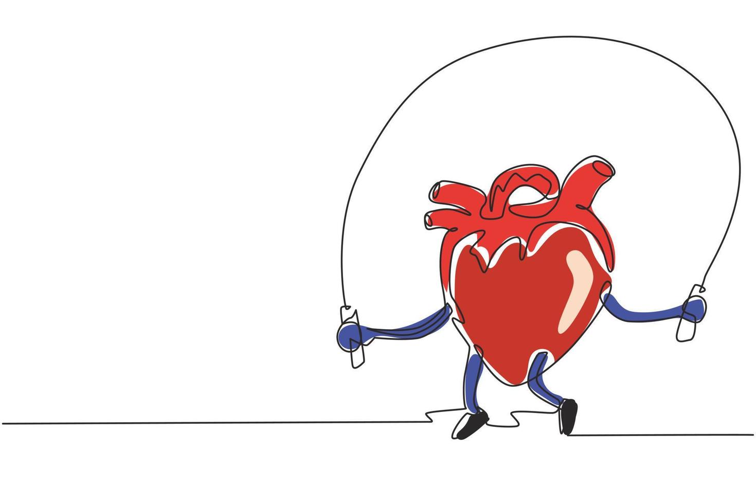 un unico disegno a tratteggio carino divertente cuore organo fare palestra con corda per saltare. allenamento dell'organo cardiaco, sport, concetto di carattere fitness. tema dell'educazione. illustrazione vettoriale grafica di disegno a linea continua