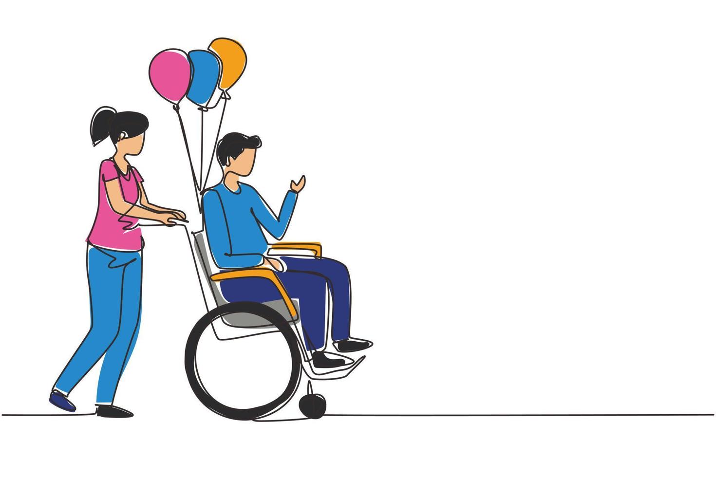 concetto di scena di persone con disabilità di disegno a linea continua. la donna porta l'uomo disabile in sedia a rotelle. accessibilità, riabilitazione persona invalida, attività delle persone. vettore di disegno a linea singola