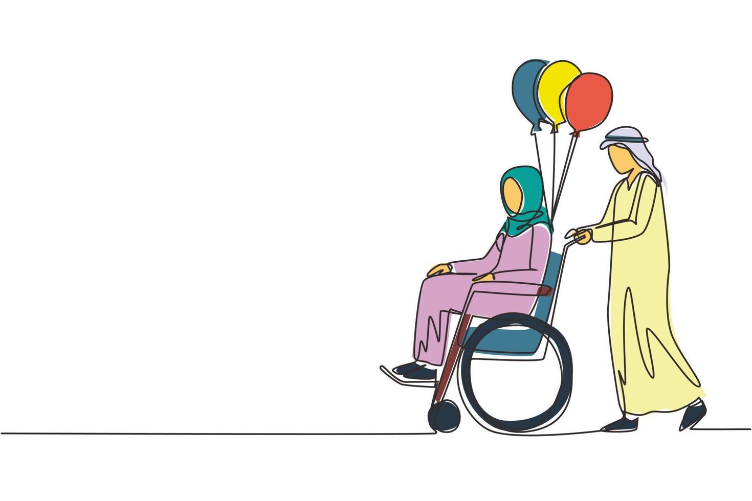 persone con disabilità di disegno a linea singola. l'uomo arabo porta una donna disabile in sedia a rotelle. accessibilità, attività riabilitative per invalidi. illustrazione vettoriale di disegno a linea continua