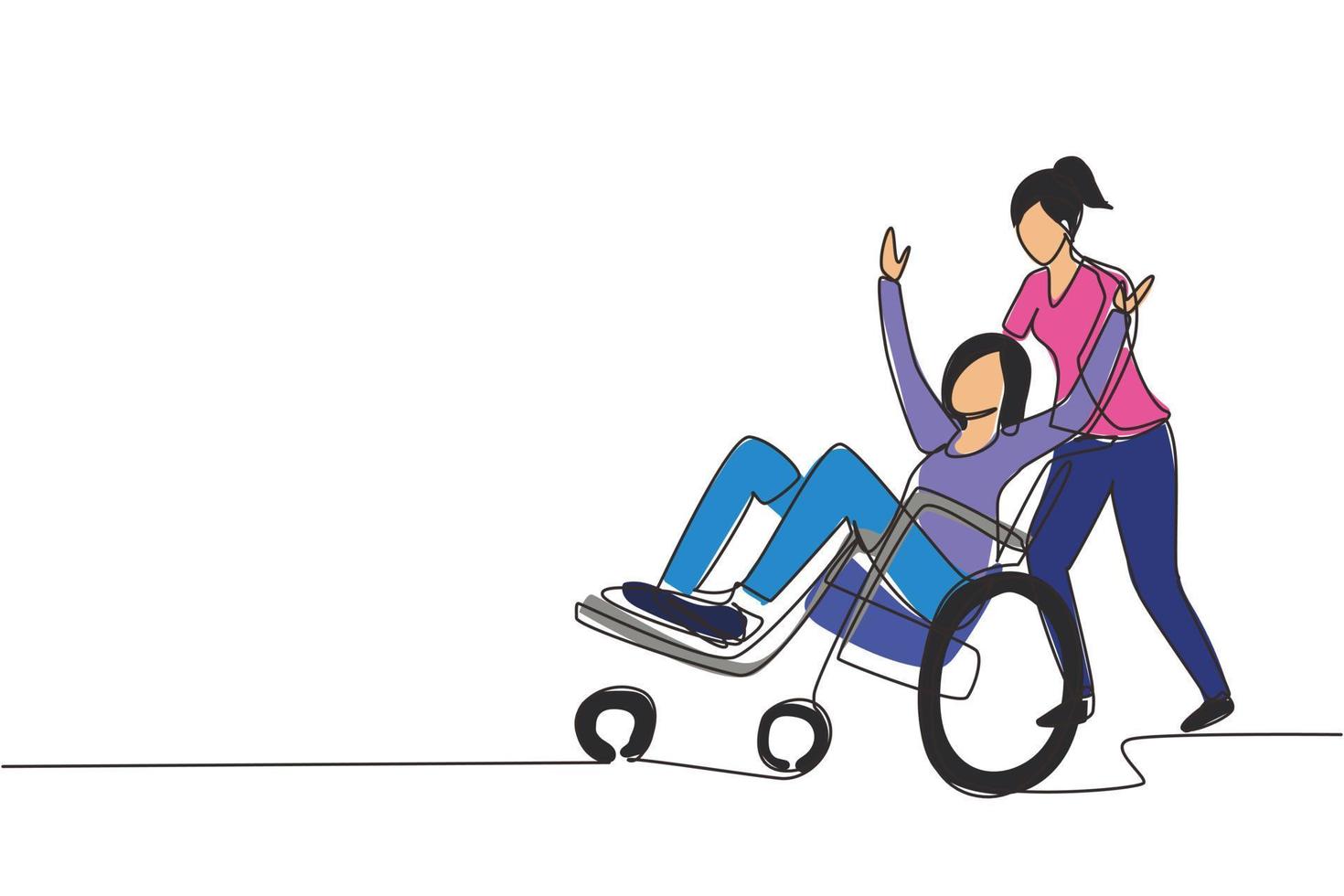 disegno continuo di una linea giovane volontaria aiuta una donna anziana disabile, in sella a una sedia a rotelle nel parco. assistenza familiare, volontariato, concetto di assistenza alla disabilità. grafica vettoriale di disegno a linea singola