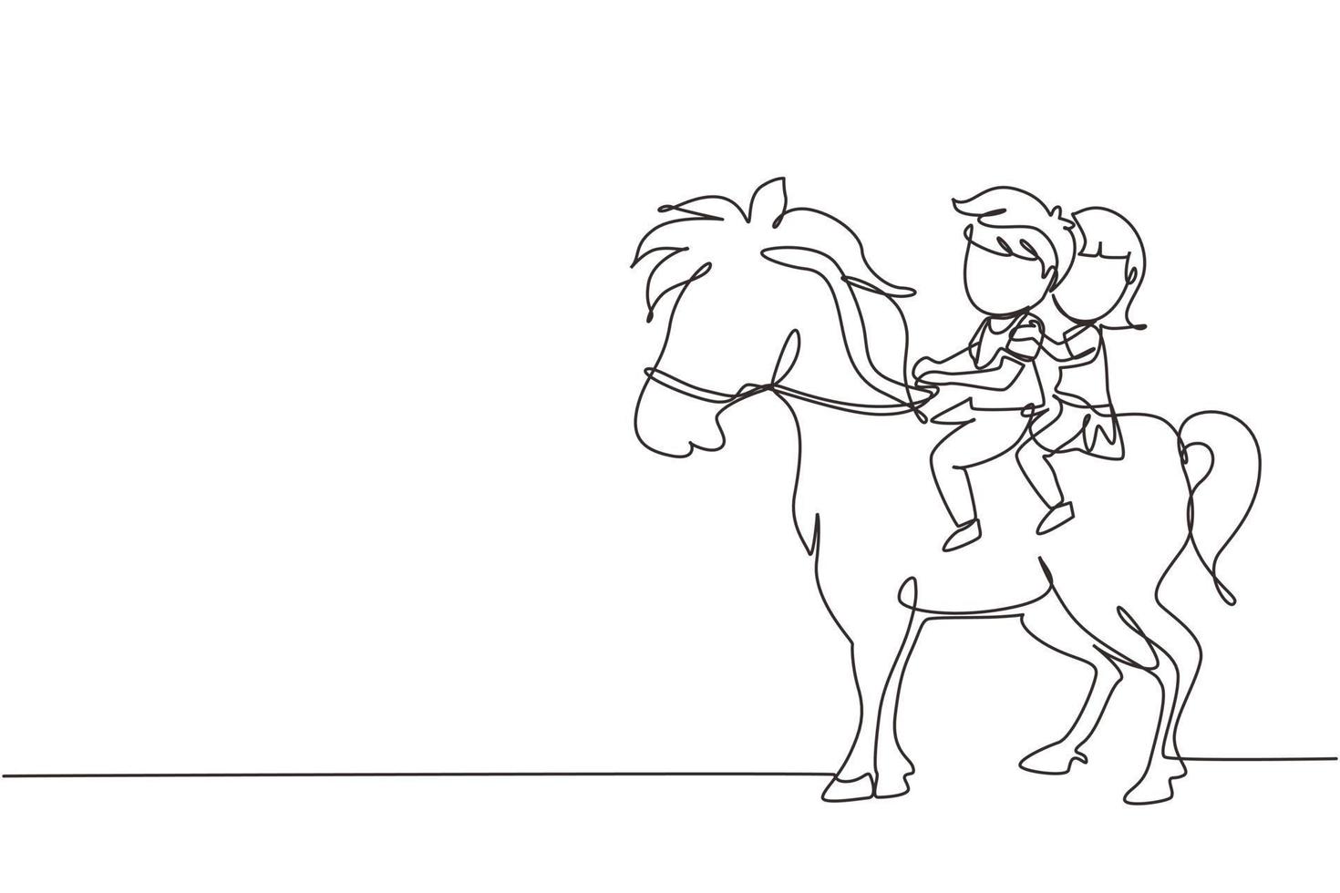 unico disegno a linea continua felice carino ragazzo e ragazza a cavallo insieme. bambini seduti a cavallo con sella nel parco del ranch. bambini che imparano ad andare a cavallo. vettore di disegno grafico a una linea