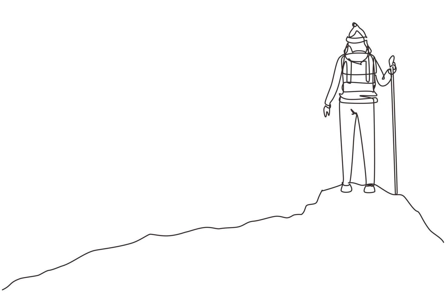 donna di disegno a linea continua singola con zaino in piedi sulla cima della montagna. giovane alpinista sorridente che si arrampica su roccia. il punto più alto. illustrazione vettoriale di disegno grafico dinamico di una linea