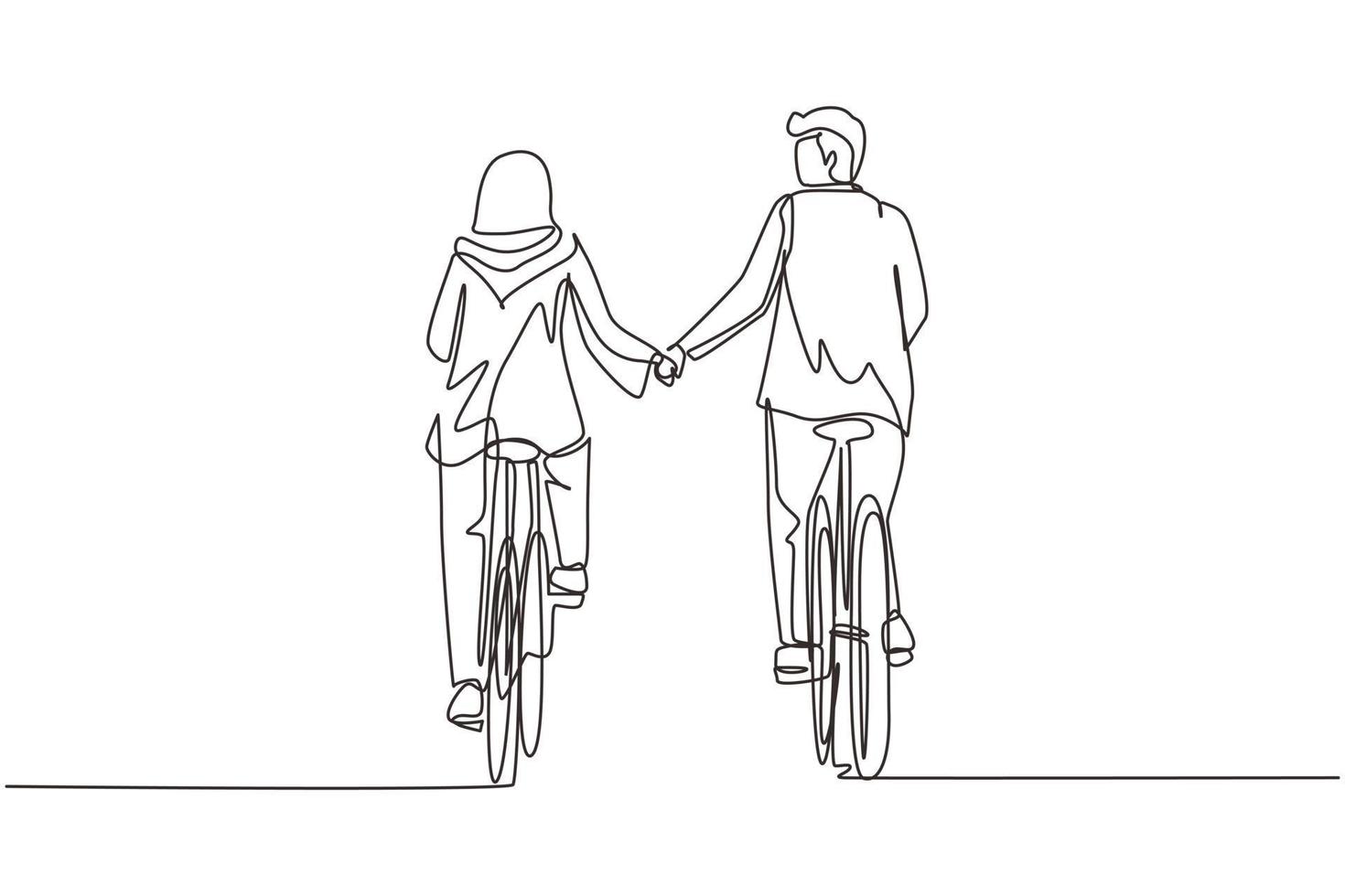 disegno continuo di una linea felice coppia araba andare in bicicletta nel prato torna alla fotocamera e tenendosi per mano. uomo e donna innamorati. felice coppia sposata romantica. grafica vettoriale di disegno a linea singola